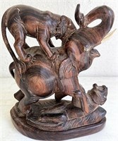 Elephants  and big cats 9 inch wooden carving