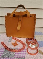 Leather handbag, pink jewelry