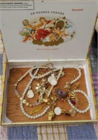 Cigar box of vintage/costume jewelry
, cameo set