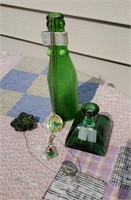 Green bottles, handmade earrings, pins, necklaces