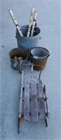 Galvanized trash can, buckets, pulley, spindles,