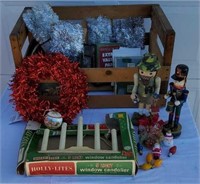 Peach crate of Christmas decor, 
Holly Lites,