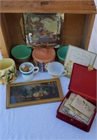 Vintage assortment, fruit crate, planters, mugs,