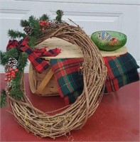 Christmas basket, wreath, tablecloth, ornaments,