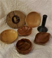 Wood decor collection, hat stretcher, spool, bowls