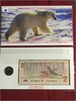 2  - CANADA'S $2 UNCIRC. COIN, BANK NOTE & STAMP