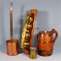 Antique Oak Tankard + Brass & Copper Items