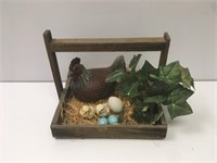 Ceramic Hen w/ Chicks & Eggs in Primitive Basket