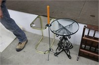 2 GLASS TOP END TABLES AND CANDLE HOLDER
