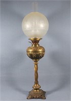 19th C. Brass Banquet Lamp w. Etched Shade