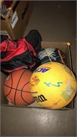 Lot of three sports balls / basketballs & tote/