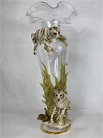 22" Cevik Italian Porcelain Tiger & Glass Vase