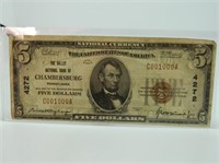 1929 $5 Chambersburg PA Bank Note