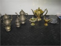 SILVER & GOLD TONE ITEMS & A PEWTER PAN