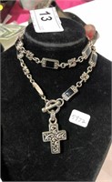 Silver Toned Cross Necklace w/ Black Stones