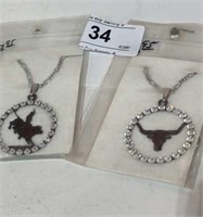 2 Metal & Rhinestone Necklaces - Bull Rider & Long