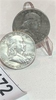 2 Franklin Silver  Half Dollars 1960D, 1963D