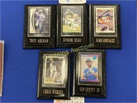 FIVE SPORT TRADING CARDS ON PLAQUES