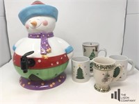 Snowman Beverage Dispenser and 4 Mugs