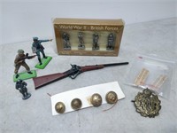 lot of military figures, pins, buttons, etc.