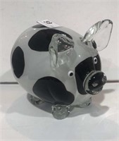 Art Glass White & Black Pig, Large Heavy