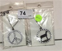 2 Metal & Rhinestone Necklaces - Lamb & Peace Sign