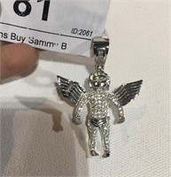 Sterling Silver and CZ Cherub Pendant 1 7/8" Long