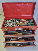 Red Three Drawer Tool Box full of tools