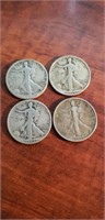 Four 1939 - 1942 Walking Liberty half dollars