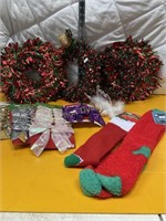 Four Small Wreaths, 2 Pair Socks & Bows
