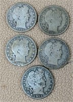 5 Barber Half Dollars. 1901, 1903, 1907, 1910,