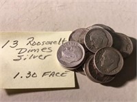 (13) Silver Roosevelt Dimes $1.30 face