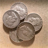 (5) Silver Franklin Half Dollars  -  $2.50 Face