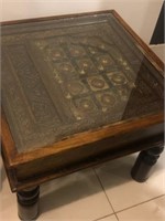 Handcarved Wood & Glass Accent Table