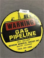 Warning gas pipeline tin sign, 11"