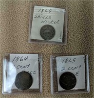 1869 Shield Nickel, 1864 $0.02 Piece, 1865 $0.02