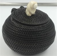 Hand woven hinged lidded root basket with moose an