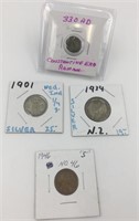 Lot of 4 coins: 1901 Dutch East Indies silver 1 qu