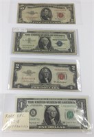 Lot of 4:  1953 A $5 red note, 1953 A $2 red note