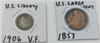 Lot of 2:  1953 Large cent and 1906 Liberty nickel
