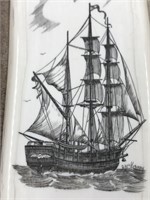Scrimshawed ivory platchet of a 3 masted sailing v