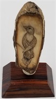 Scrimshawed fossilized walrus tooth of a bird on h