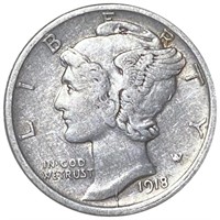 1918-D Mercury Silver Dime ABOUT UNCIRCULATED