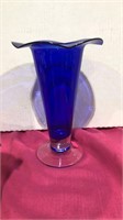 Cobalt / Clear Fluted Vase 9" Tall