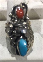 Sterling Ring singed LG w/ Turquoise & Coral sz 9