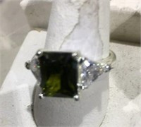 Sterling Ring w/ Moss Green & Clear Stones sz 8