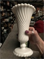 Beautiful Heavy Milk Glass Beaded Bottom Vase