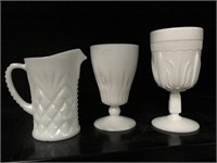 Lot of 3 Milk Glass Pieces: Pitcher and Glasses
