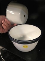4 Enamel White, Blue Rimmed Large Bowls