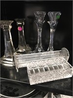 Lot of Crystal Candle Holders and Cracker Trays